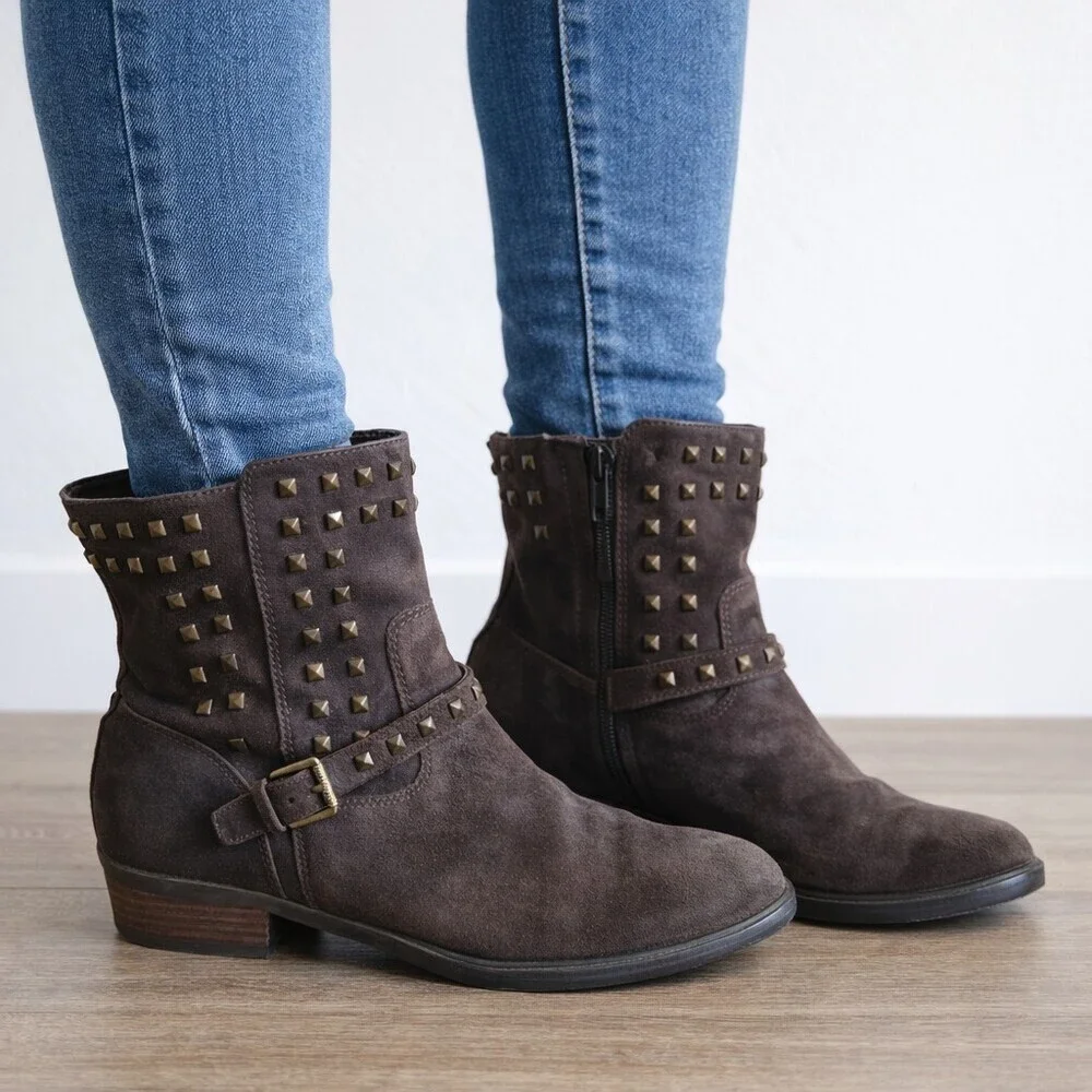 Lauren Ralph Lauren Women Sz 9.5 Brown Suede Biker Moto Studded Boot